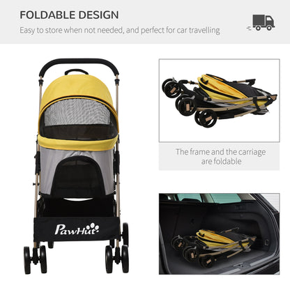 4 Wheels Pet Stroller, 3 in 1 Dog Cat Travel Folding Carrier, for Small Dogs, Detachable, w/ Brake, Canopy, Basket, Storage Bag - Yellow Dog Bike Trailers & Strollers   at Gallery Canada