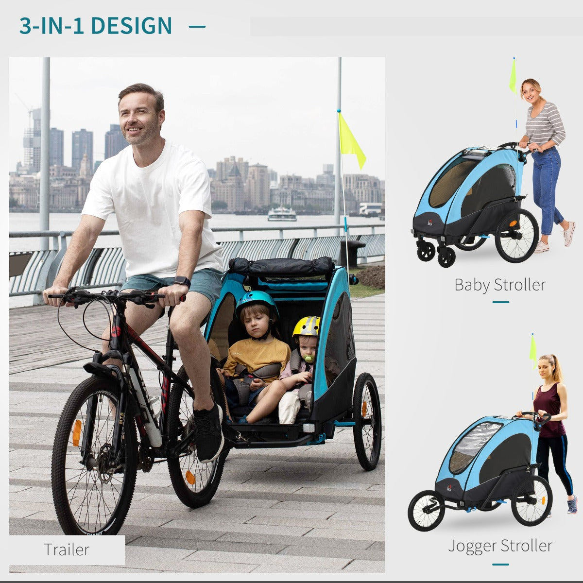 3-in-1 Foldable Child Bike Trailer Jogger Pushcar with Shock Absorbers, Blue Kids Bike Trailers   at Gallery Canada