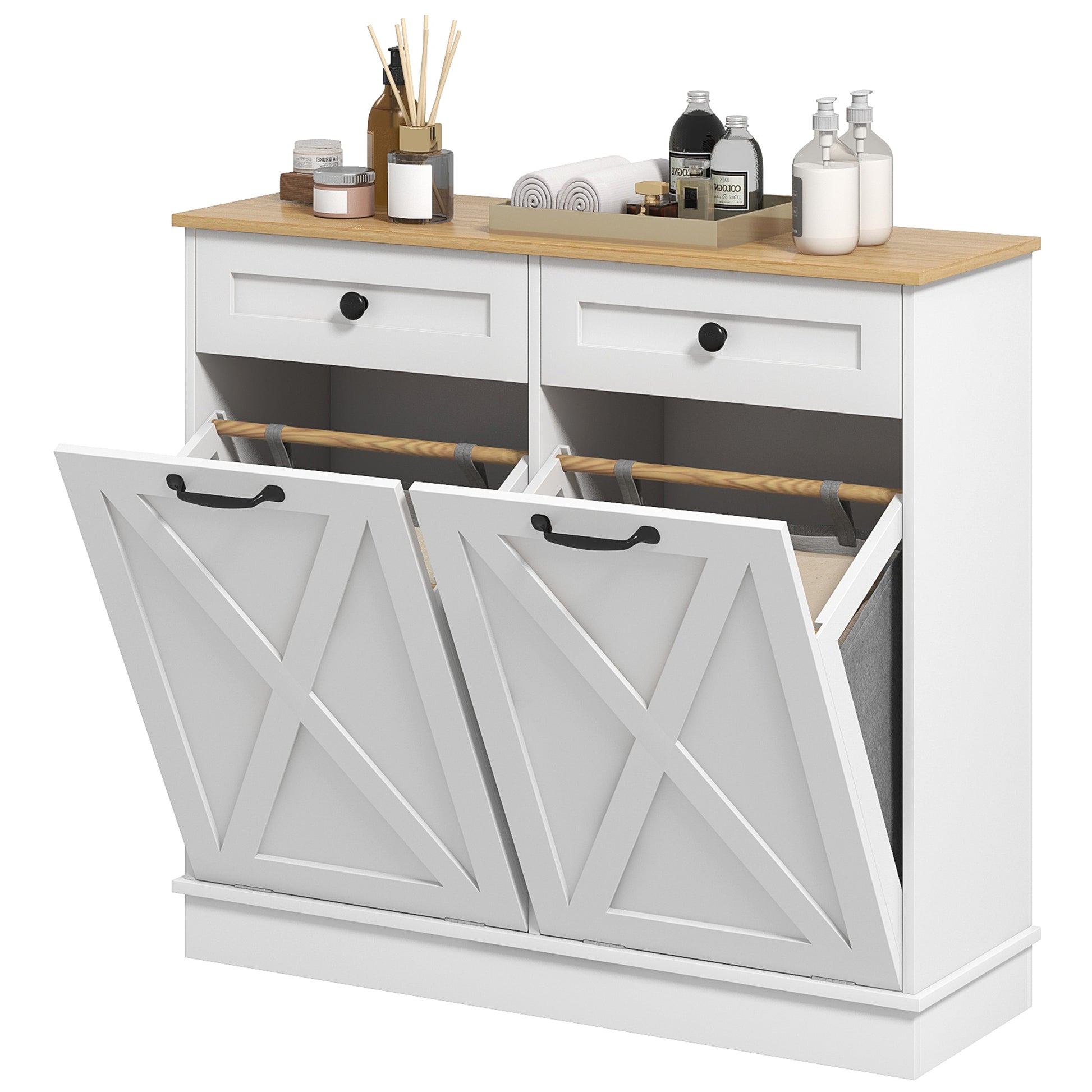 Tilt Out Laundry Cabinet, Bathroom Storage Cabinet with 2 Removable Baskets and 2 Drawers, White Bathroom Cabinets   at Gallery Canada