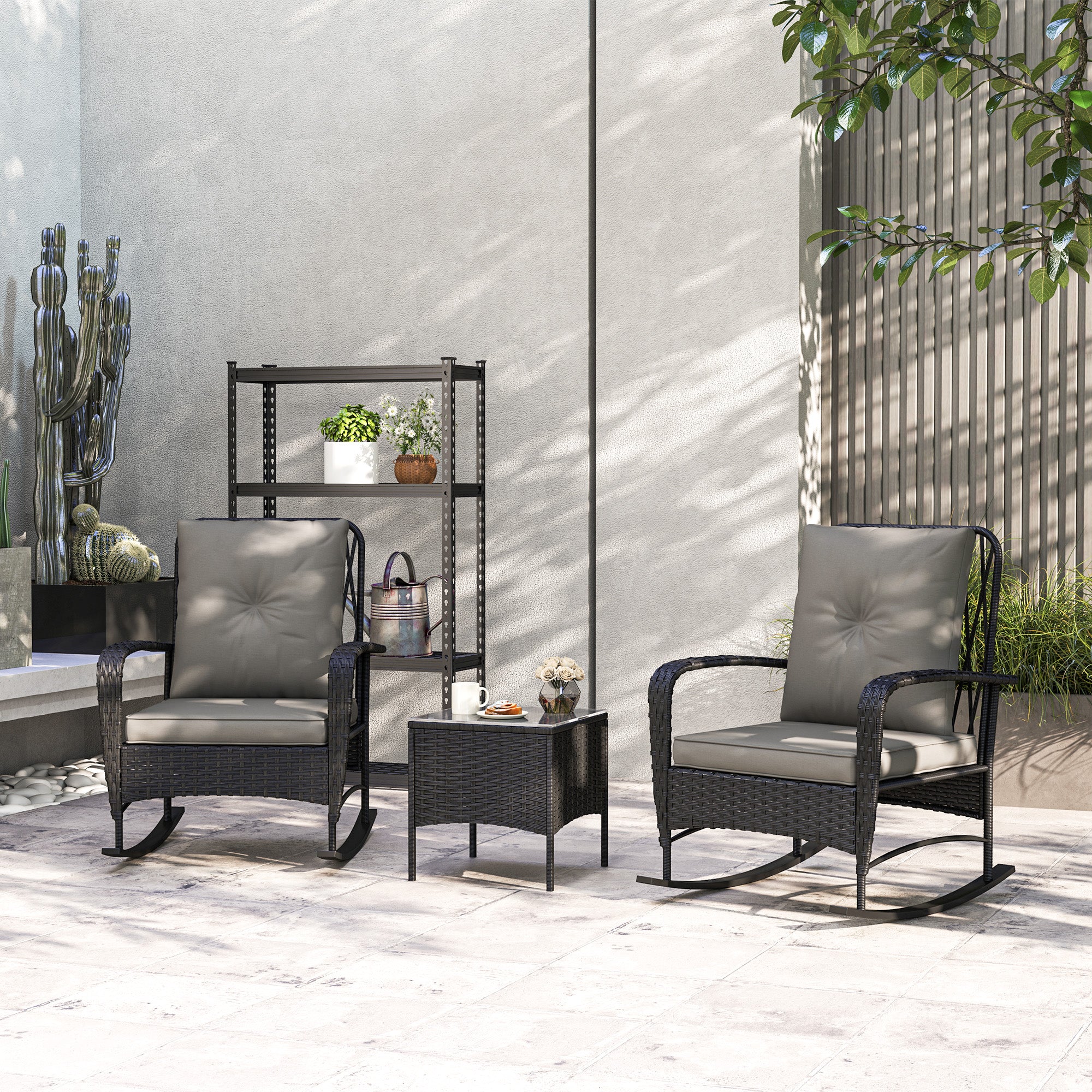 3 Pieces Rattan Bistro Set, Wicker Patio Furniture with Rocking Chairs, Thick Cushions for Porch Balcony, Grey Bistro Sets at Gallery Canada
