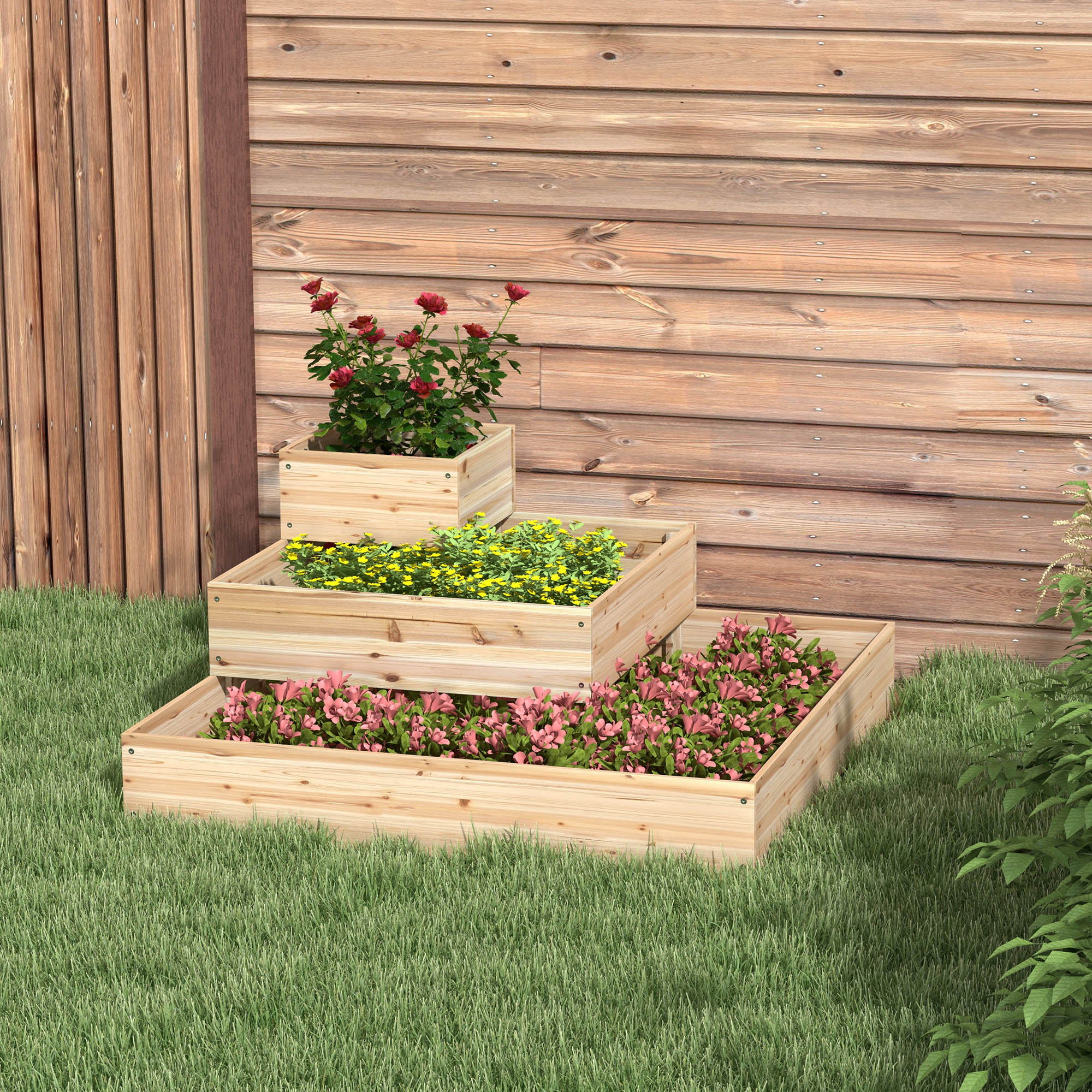 Outdoor Elevated Planter Box, 3-Tier Wooden Raised Garden Bed for Vegetables, Flowers and Herbs, 43.3