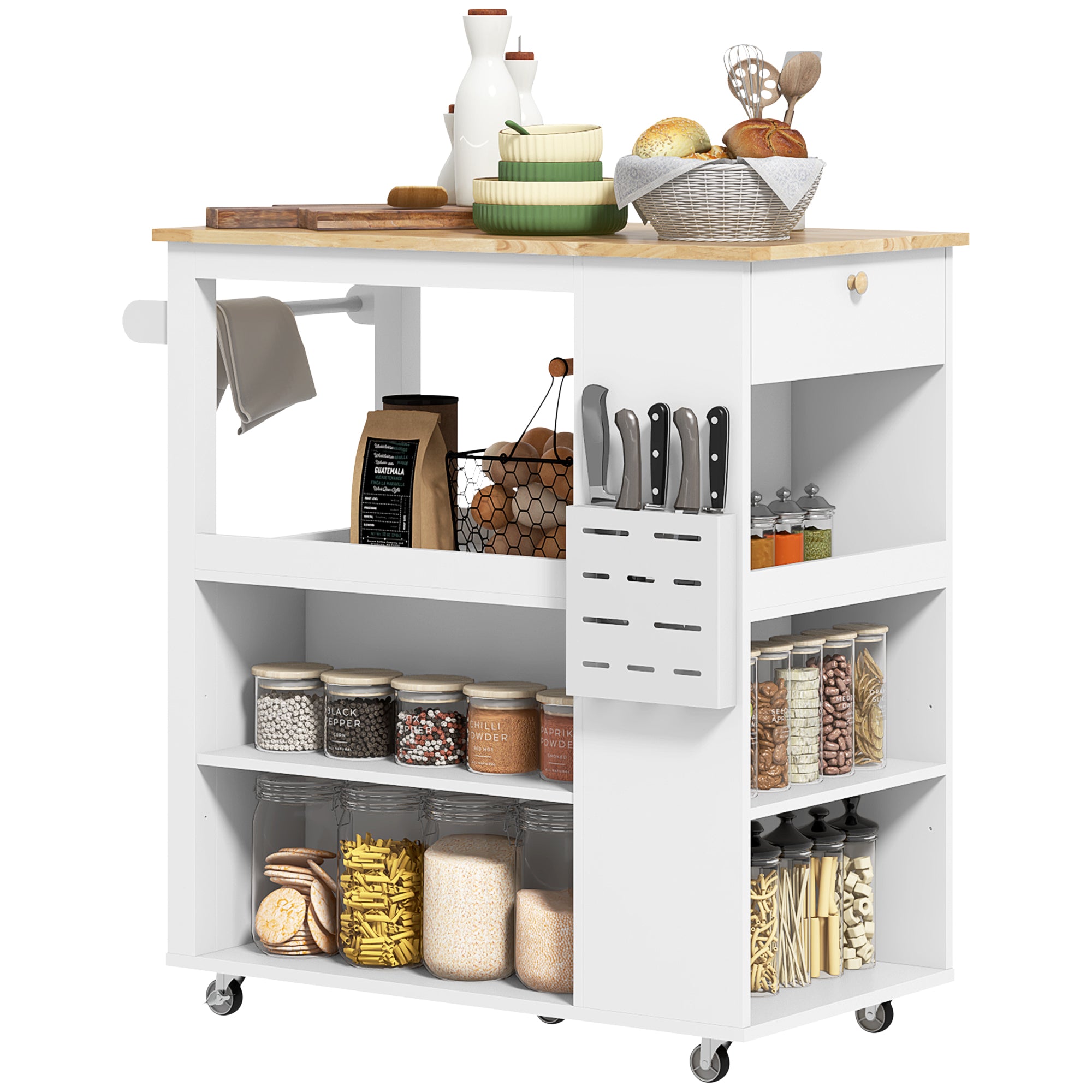 Kitchen Island Table Kitchen Cart with Rubberwood Top, Adjustable Shelves, Knife Rack, Towel Rack, Cabinet, White Kitchen Islands & Kitchen Carts at Gallery Canada