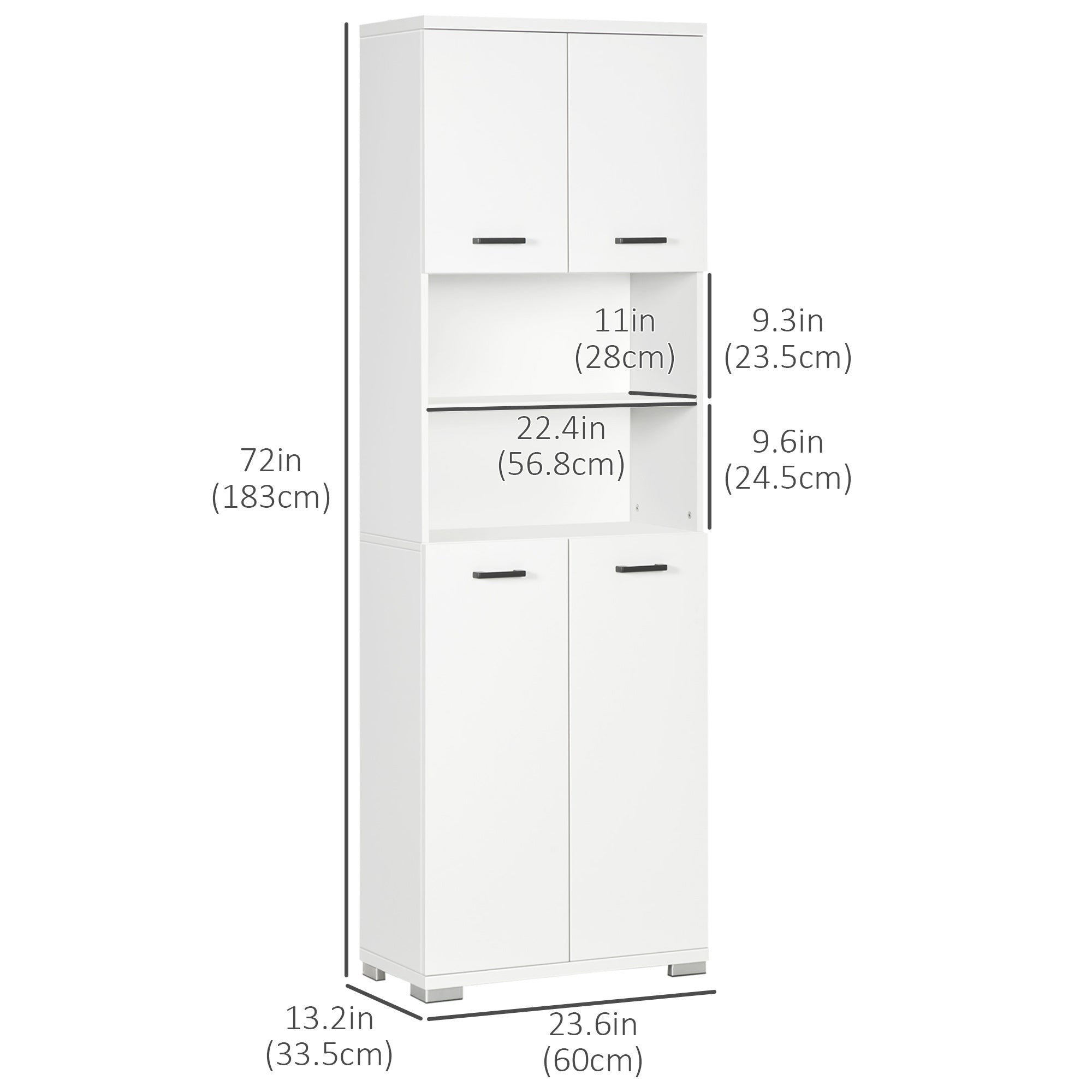 Bathroom Cabinet, Freestanding Linen Cabinet with Open Shelves and Cupboards, 23.6