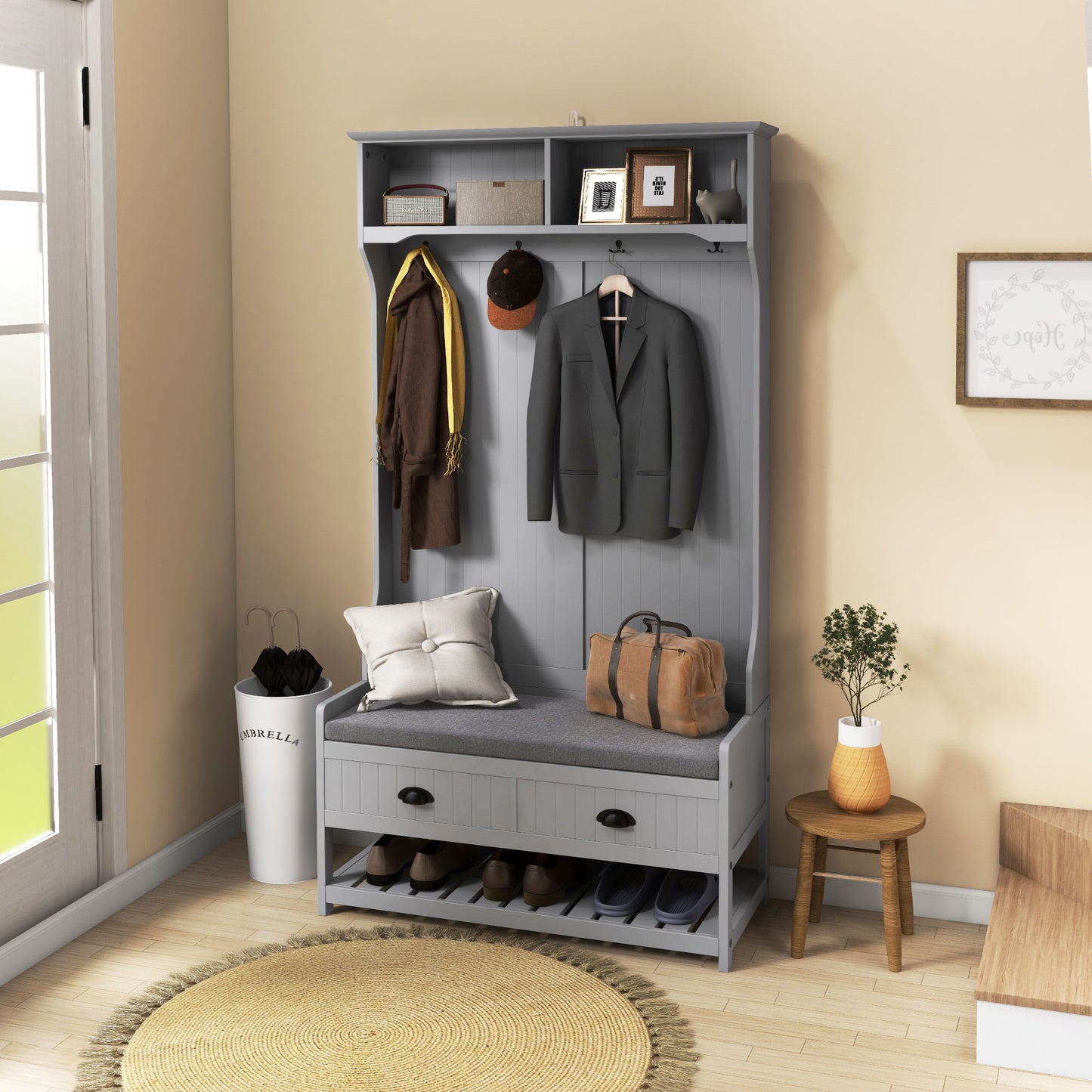 Clothing Storage, Coat Stand, Shoe Storage Bench Organizer with Coat Hanger, Drawers Padded Seat Cushion Grey Clothing Storage   at Gallery Canada