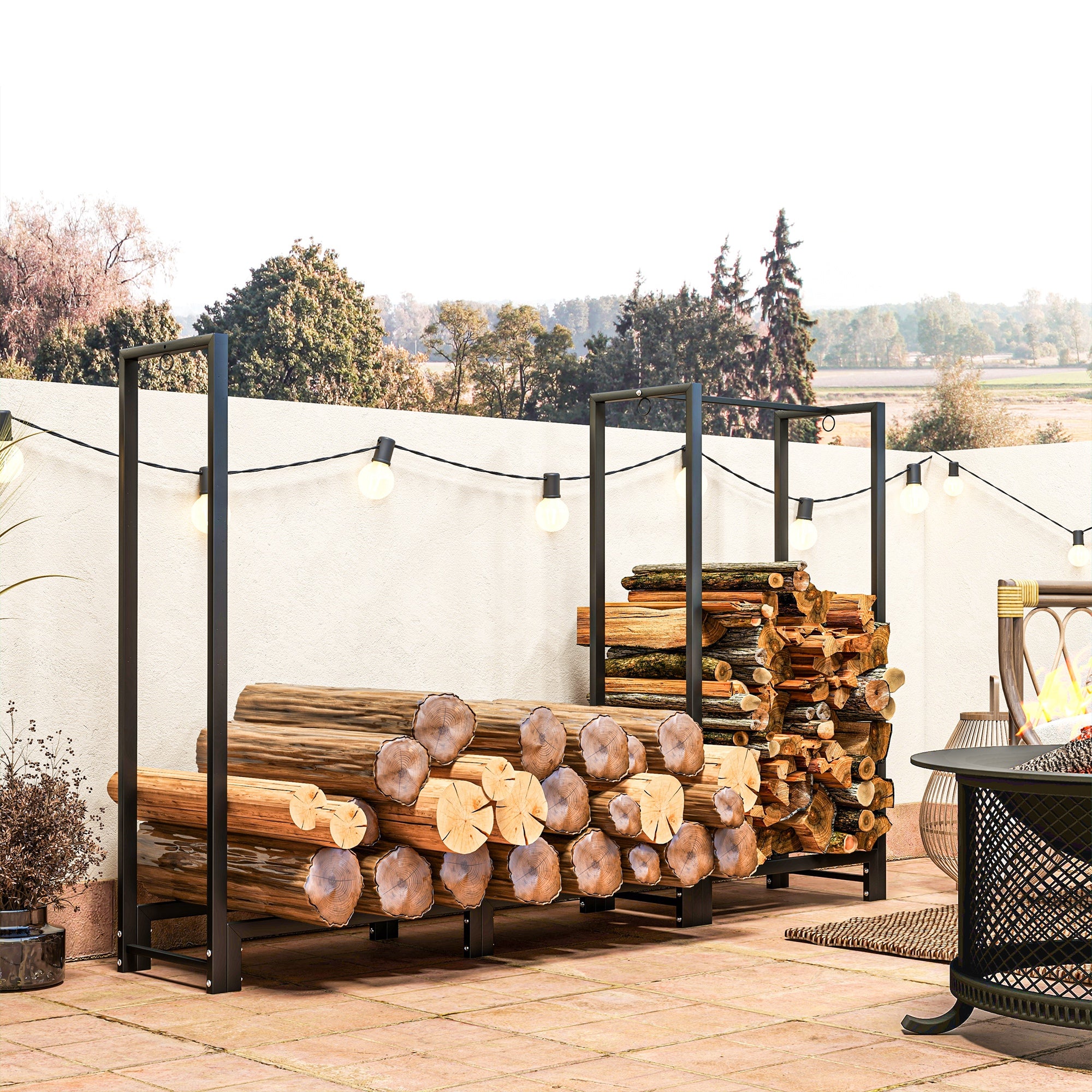 6ft Firewood Rack with Dual Space and Lock Rings, Steel Log Holder for Outdoor Indoor, Black Firewood Racks at Gallery Canada