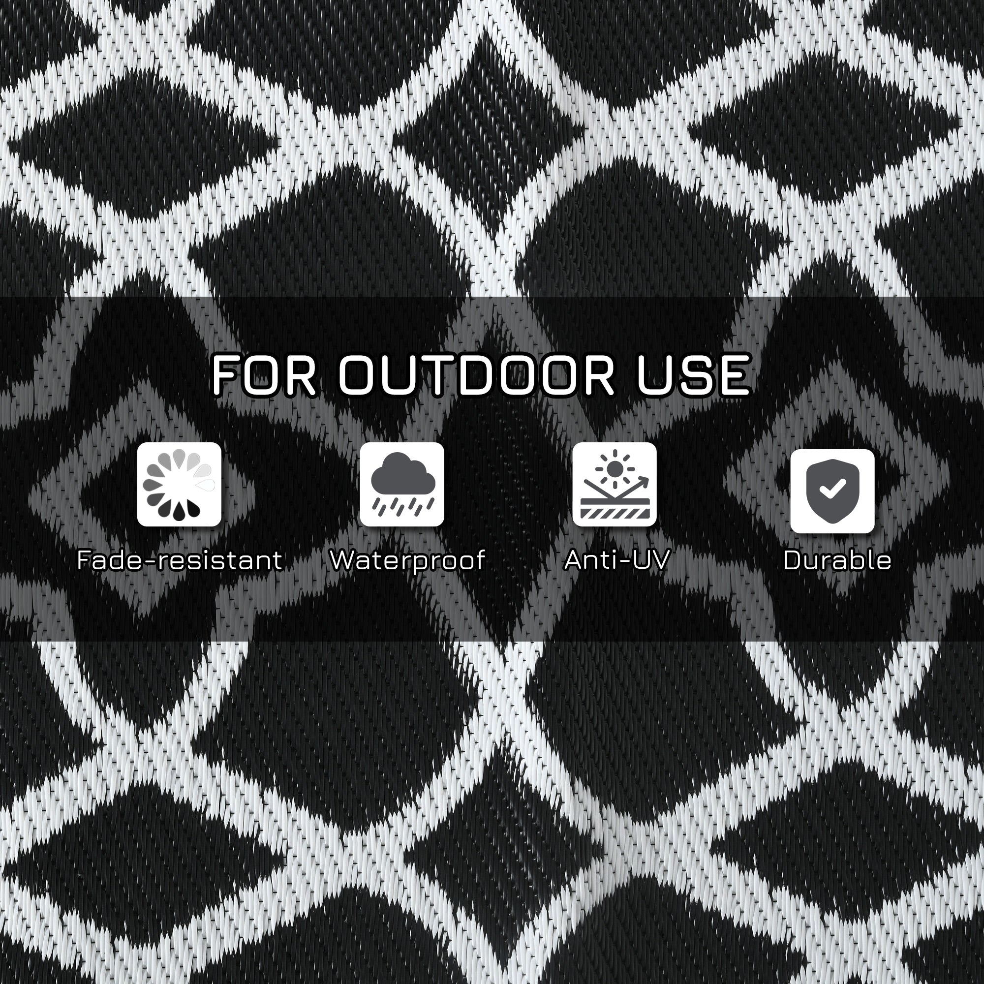 Reversible Outdoor Rug, Waterproof Plastic Straw RV Rug with Carry Bag, 9' x 18', Black and White Clover Outdoor Reversible Rugs at Gallery Canada