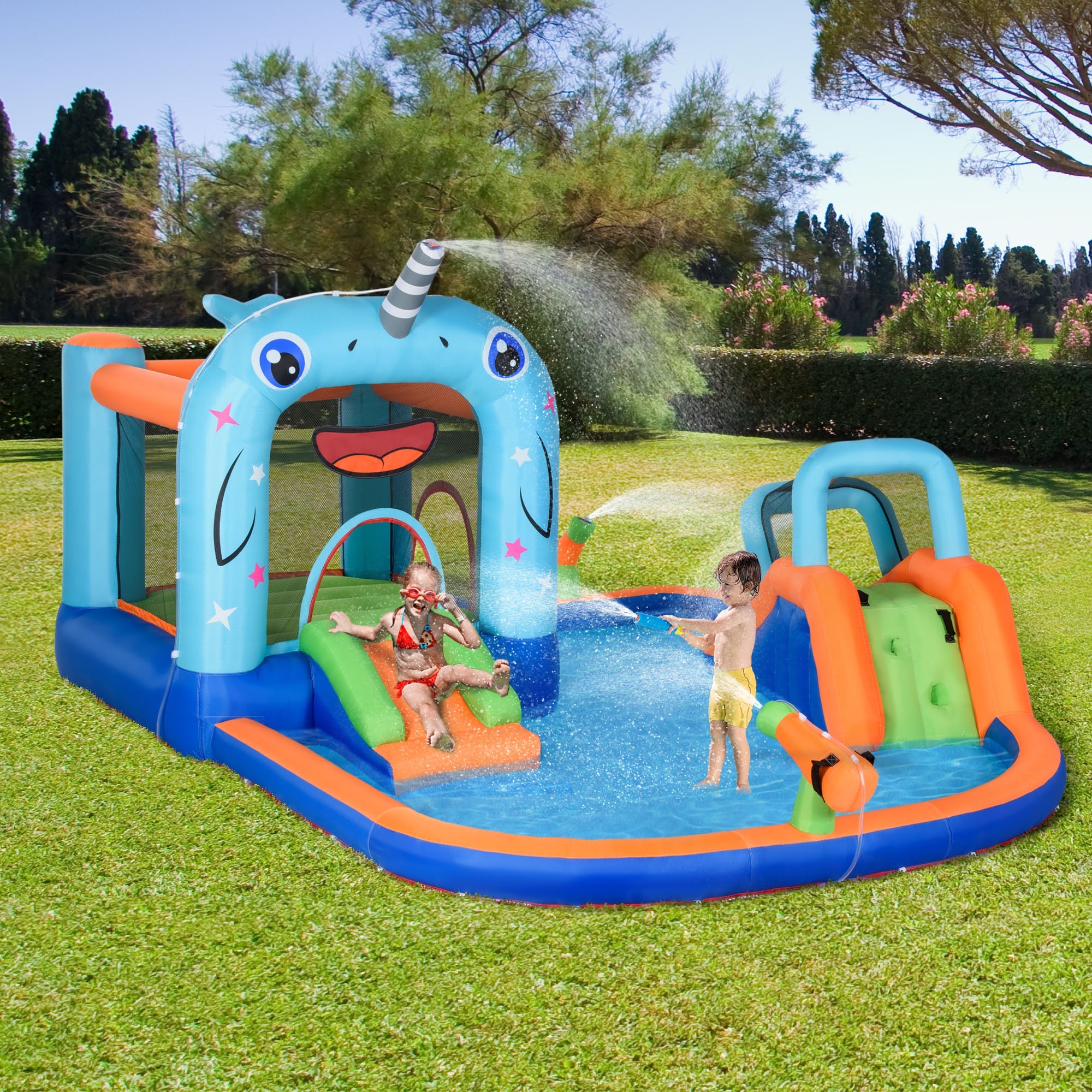 Narwhals 5-in-1 Inflatable Water Slide Bounce House with Pool & Air Blower Inflatables   at Gallery Canada