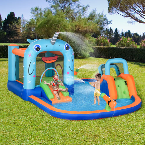 Narwhals 5-in-1 Inflatable Water Slide Bounce House with Pool & Air Blower