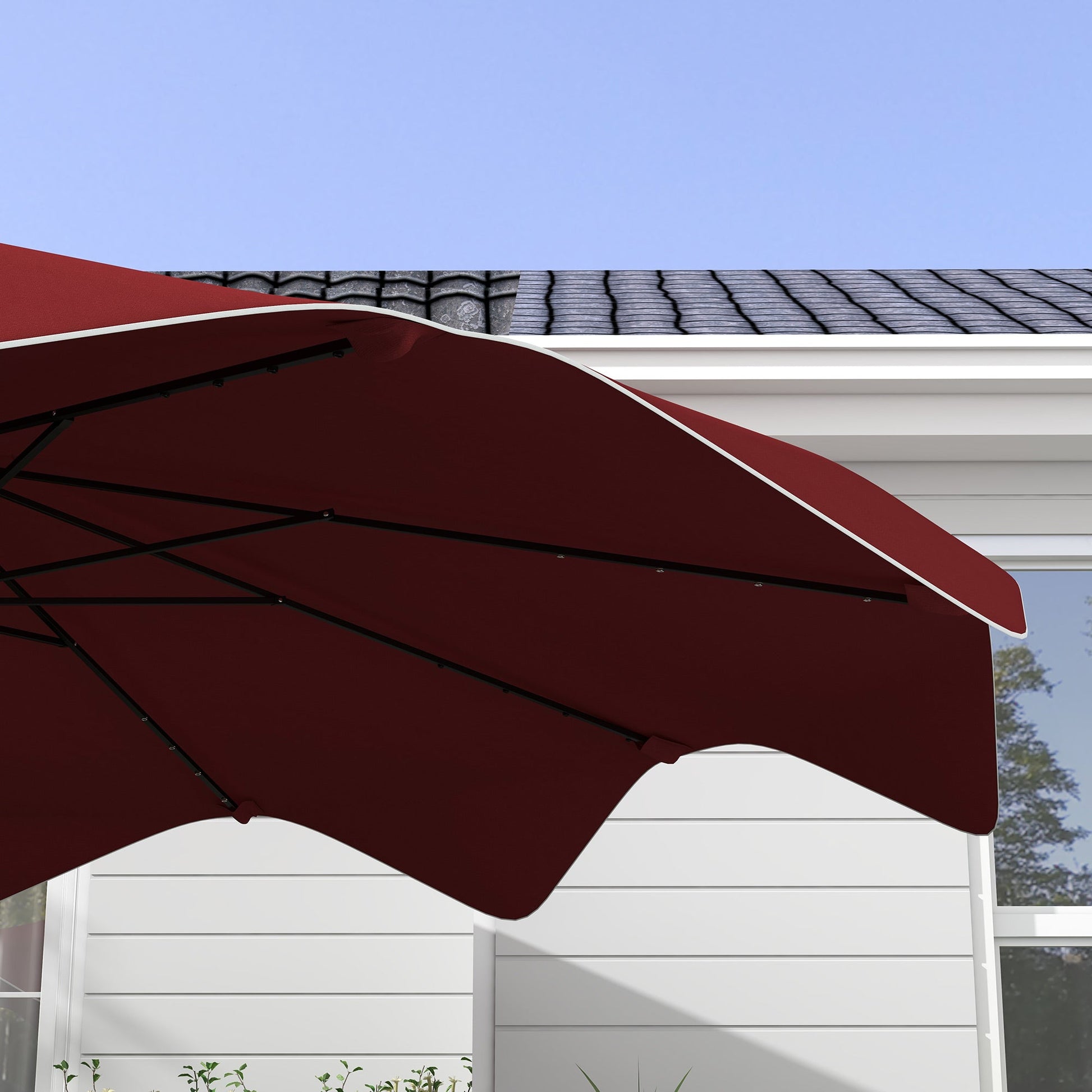 Solar Patio Umbrella with LED and Tilt, Outdoor Market Table Umbrella Parasol with Crank, 10 x 10 ft, Wine Red Sun Umbrellas   at Gallery Canada