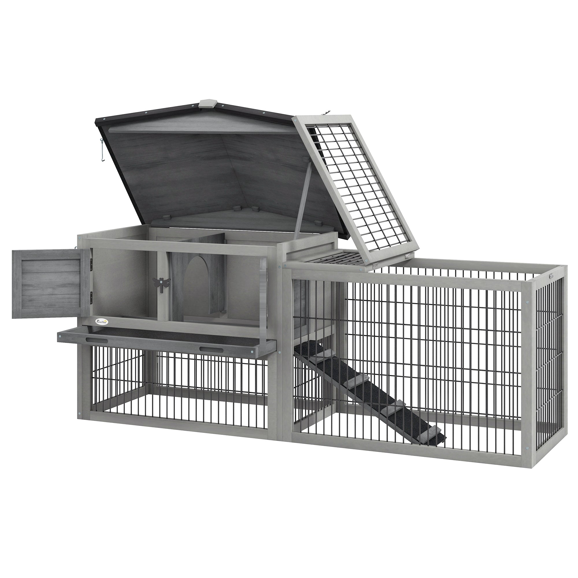 Wood Rabbit Hutch w/ Ramp, Openable Roof, Pull-out Tray, Light Grey Rabbit Hutch Light Grey at Gallery Canada