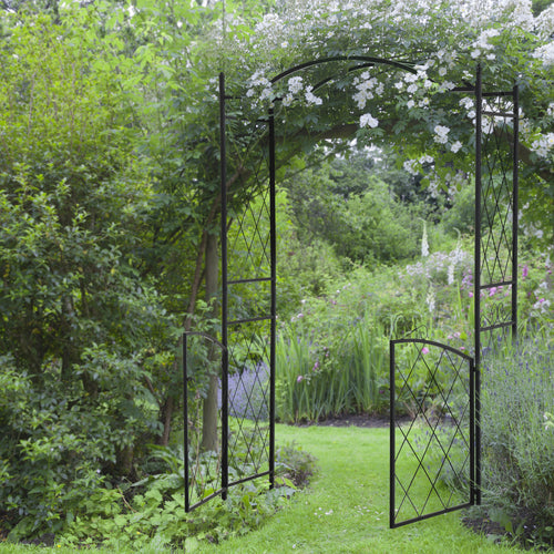 7FT Metal Garden Arch with Gate Climbing Planter Frame Backyard Decor for Vines Morning Glory Black