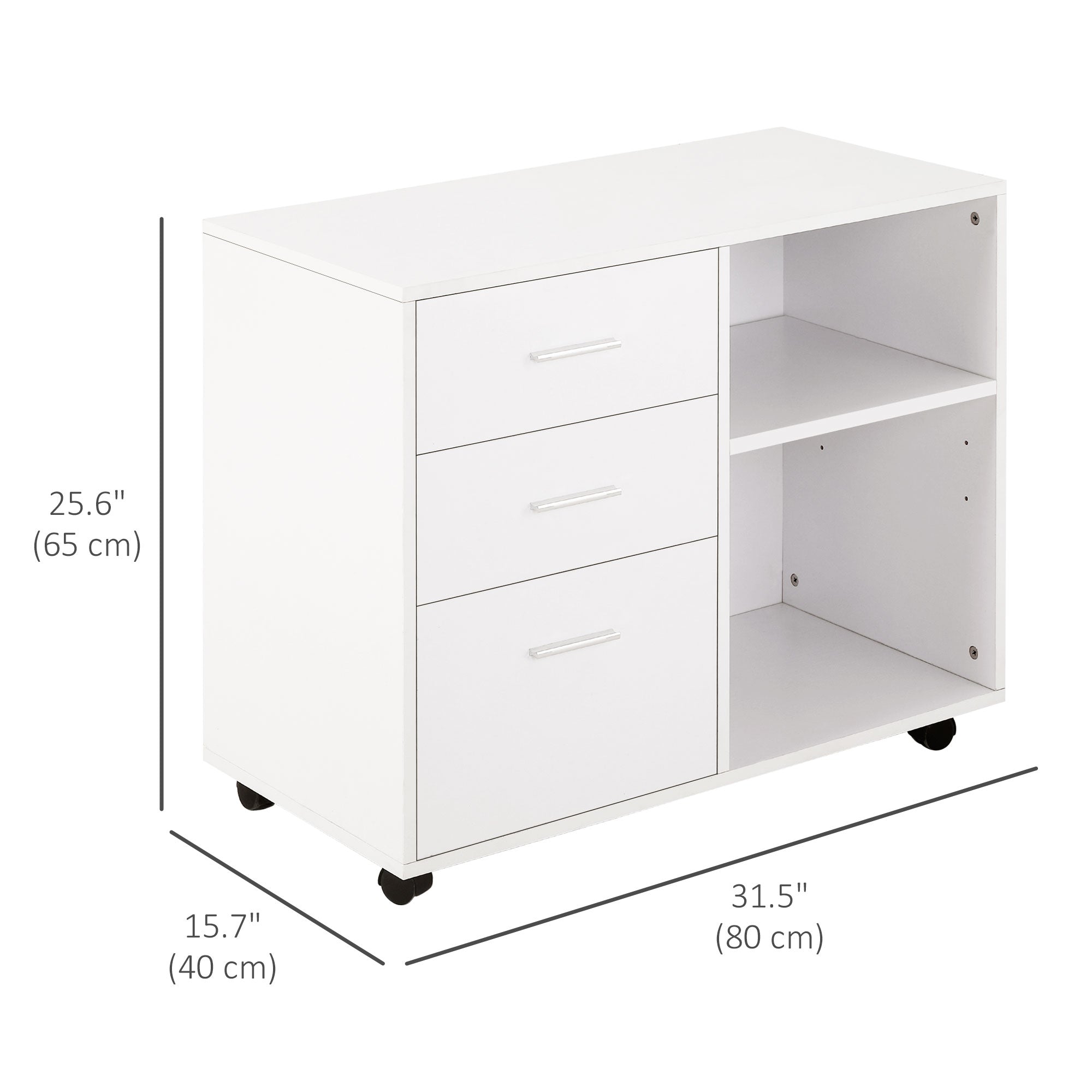 Modern Lateral Filing Cabinet, 3 Drawer File Cabinet for Letter and A4 Size Documents, Mobile, Printer Stand with Open Shelves, Rolling Wheels, White Office Cabinets & Cupboards at Gallery Canada
