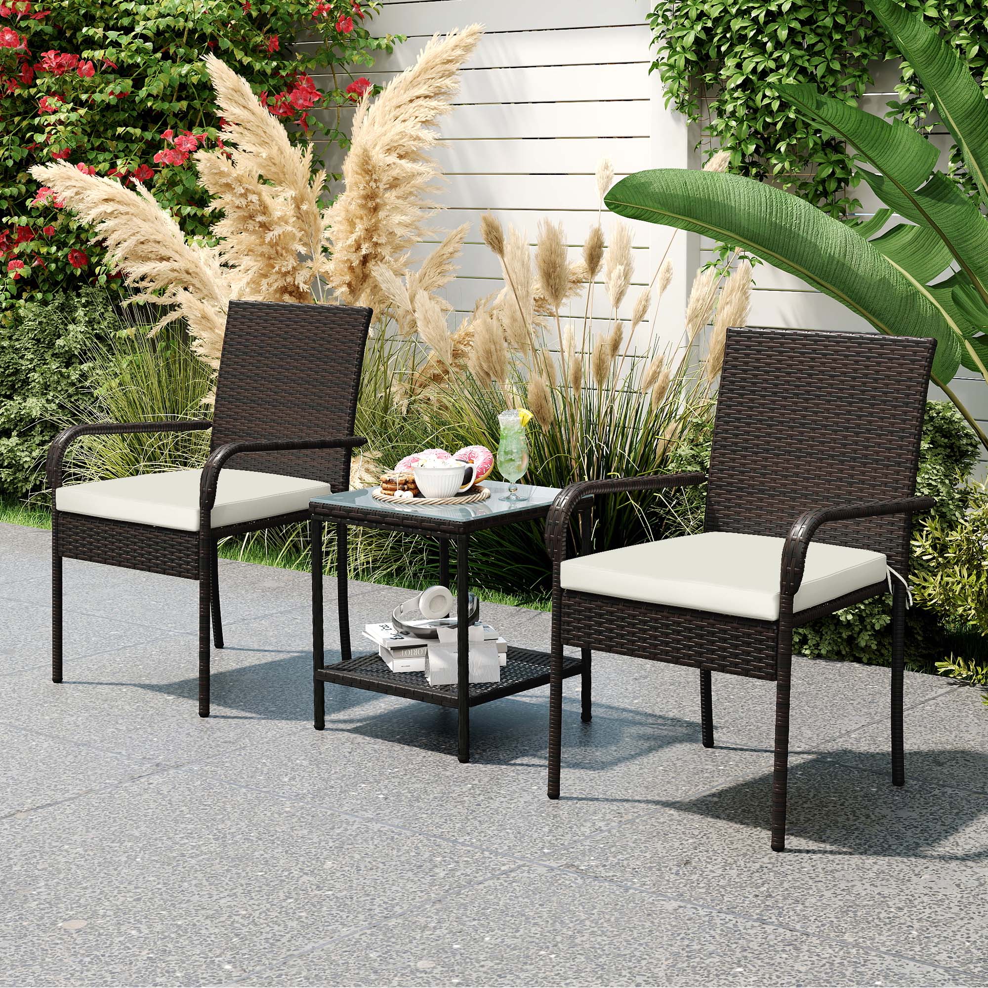 3 Piece Wicker Patio Furniture Set with Stackable Chairs, Washable Cushion, Tempered Glass Top, for Backyard, Brown Bistro Sets at Gallery Canada