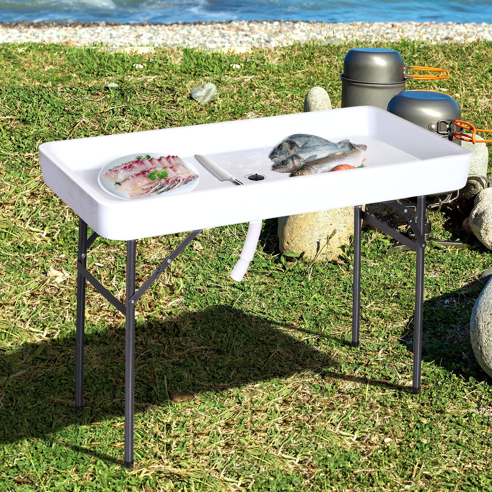 4ft Folding Picnic Table, Fish Fillet Cleaning Table, Camping Party Desk with Sink, White Picnic Tables & Camping Chairs at Gallery Canada