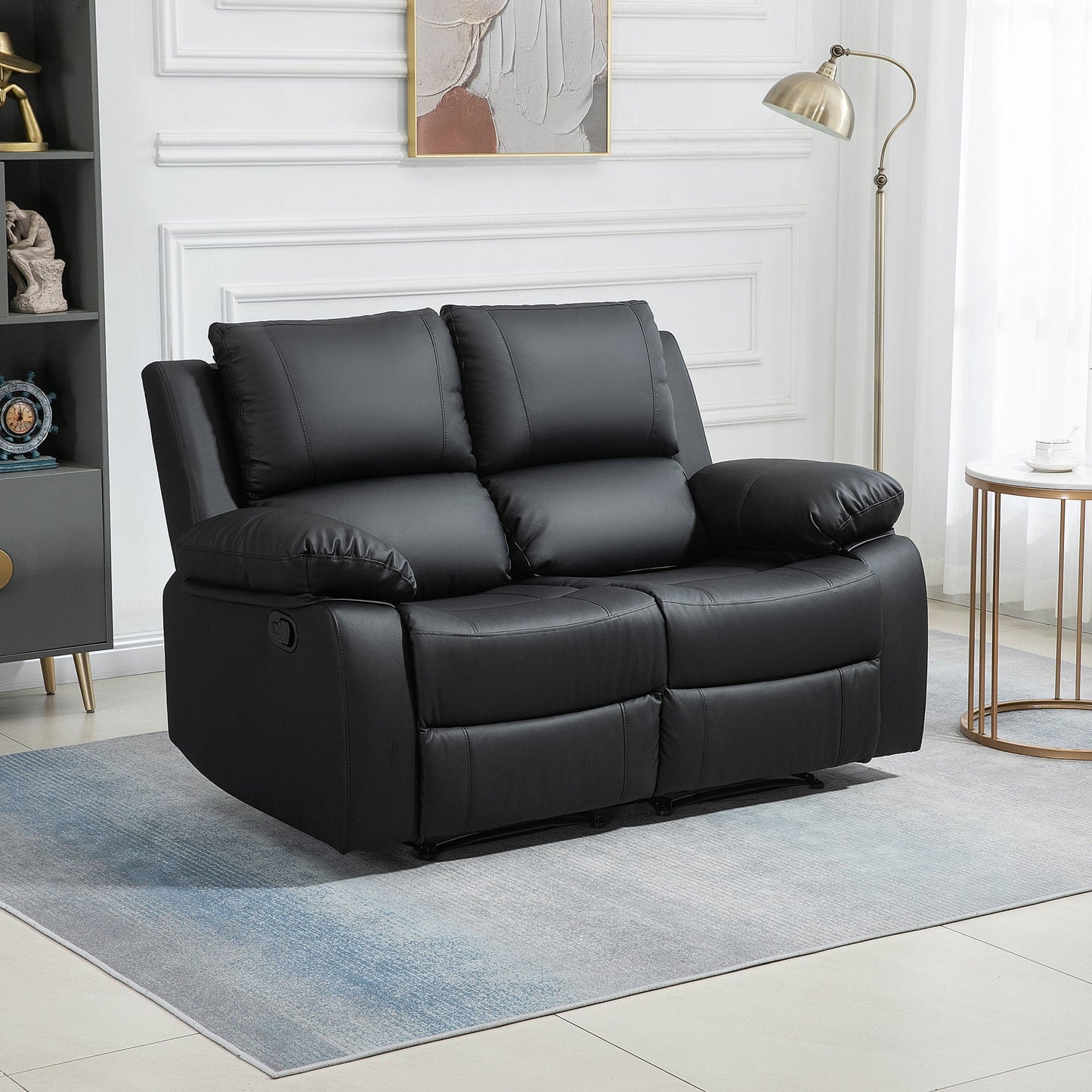 Double Reclining Loveseat, PU Leather Manual Recliner Chair with Pullback Control Footrest for Living Room, Black 2-Seater Sofas   at Gallery Canada