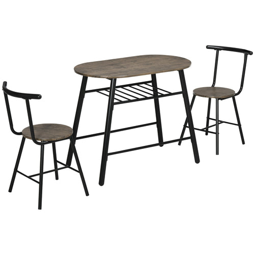 Oval 3-Piece Dining Table Set with Wine Rack, Metal Frame, 2 Chairs, Black/Brown