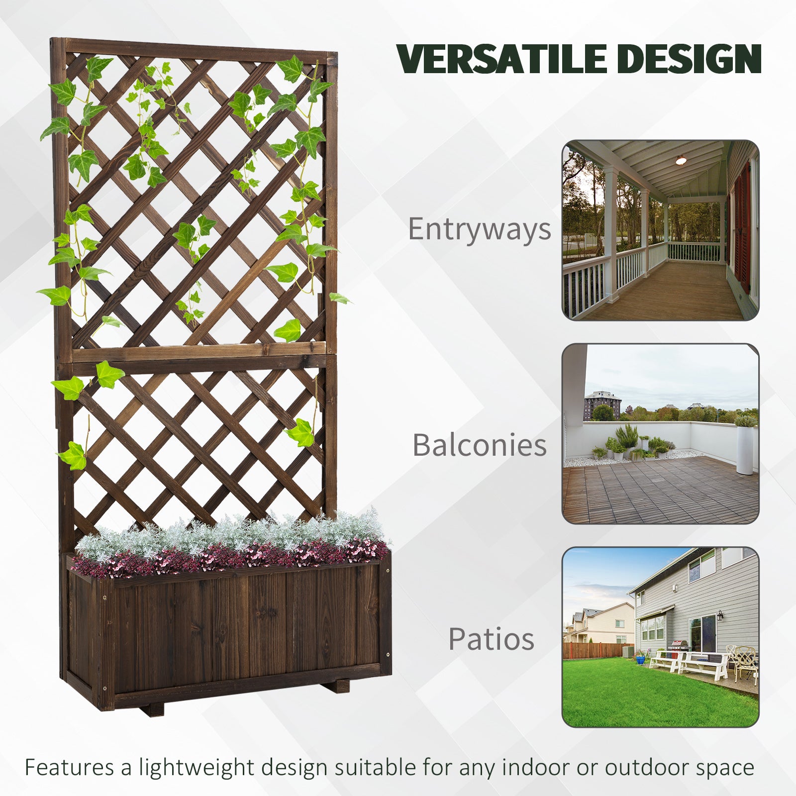 2.4 x 1 x 4.9 ft Garden Wooden Pine Trough Planter with Topped Trellis Climbing Plants Flower Raised Bed, Carbonized Wooden Planter Boxes at Gallery Canada