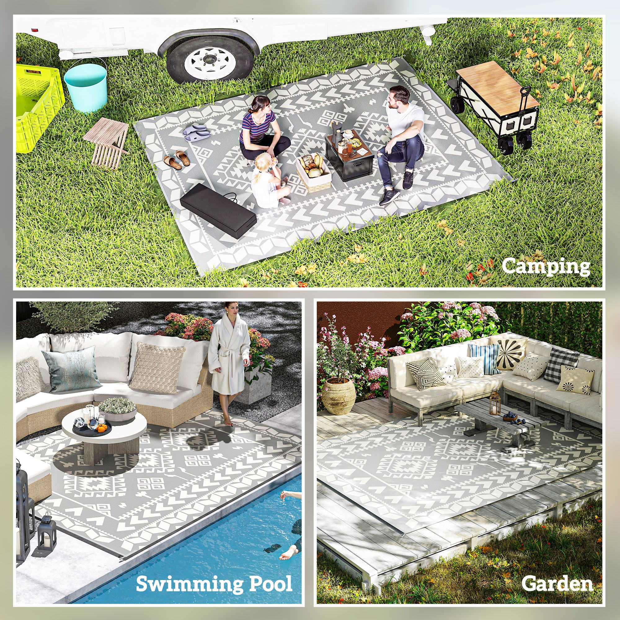 9' x 12' Outdoor RV Rug, Reversible Patio Floor Mat with Carry Bag, Rhombus Patchwork, Grey and White Garden Decor at Gallery Canada