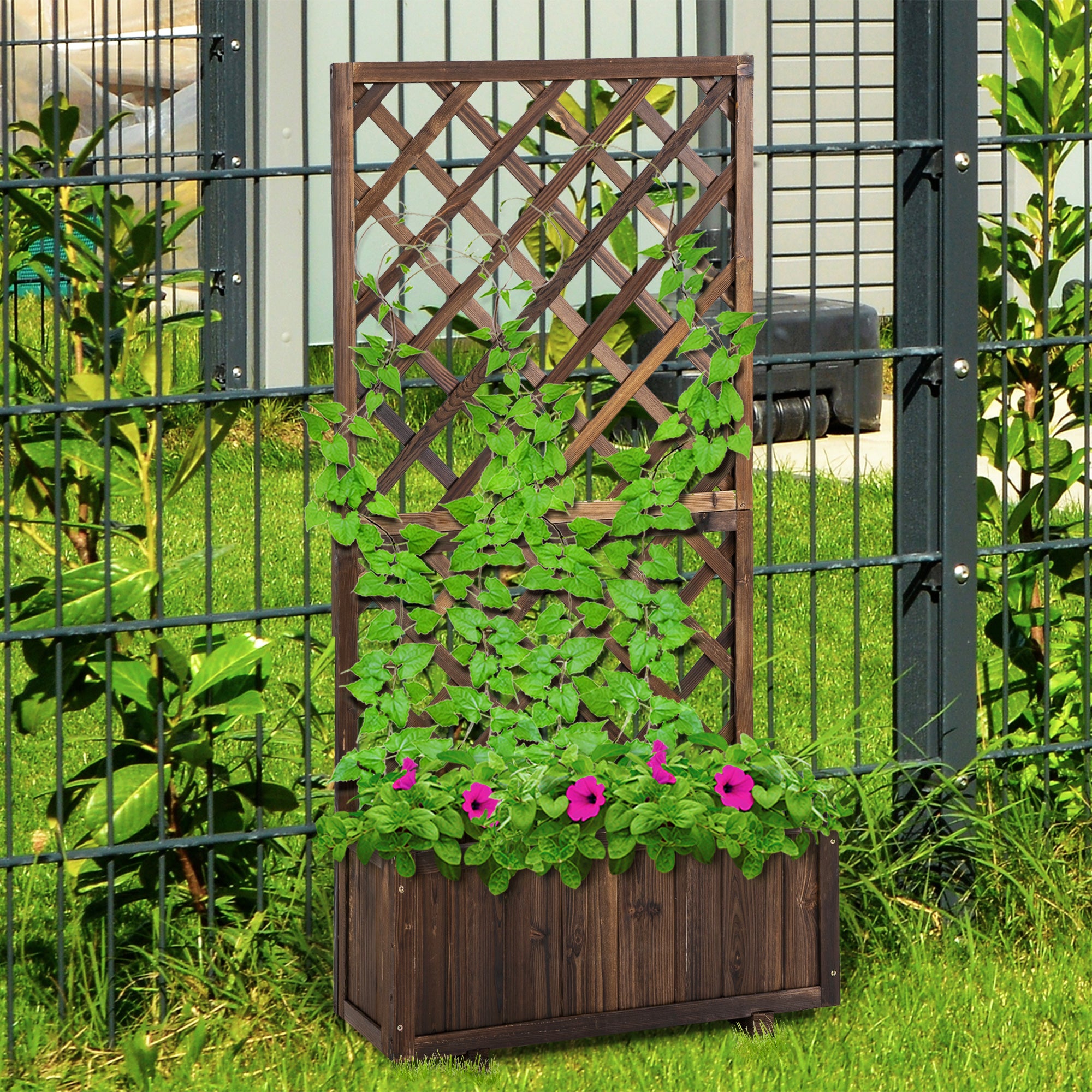 2.4 x 1 x 4.9 ft Garden Wooden Pine Trough Planter with Topped Trellis Climbing Plants Flower Raised Bed, Carbonized Wooden Planter Boxes at Gallery Canada