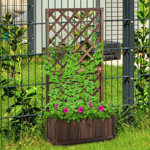 2.4 x 1 x 4.9 ft Garden Wooden Pine Trough Planter with Topped Trellis Climbing Plants Flower Raised Bed, Carbonized
