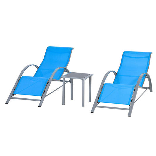 3 Pieces Patio Pool Lounge Chairs Set, Outdoor Chaise lounge with 2 S-Shaped Sunbathing Chairs and a Glass Top Table, for Yard Garden, Blue Lounger Chairs   at Gallery Canada