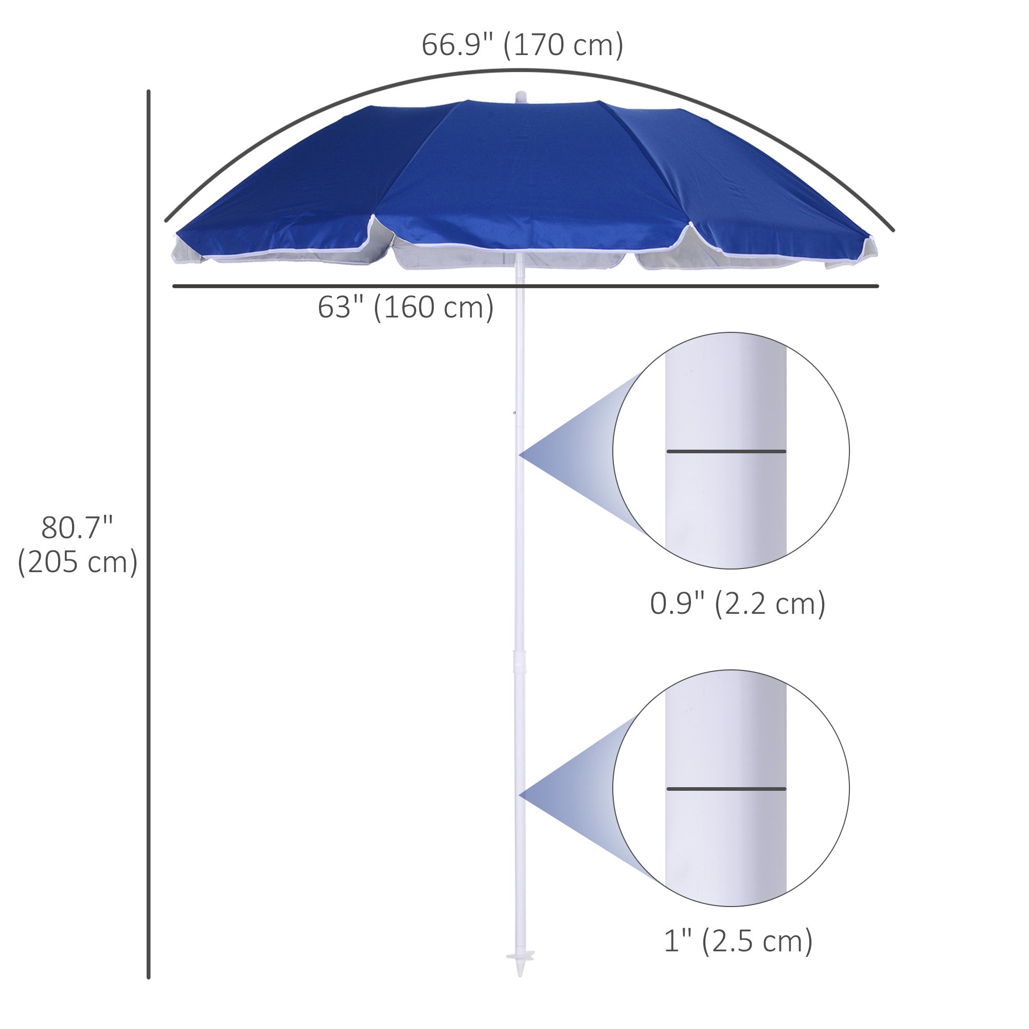 6.7ft Beach Umbrella with Push Button Tilt, Ruffled Outdoor Umbrella with Carry Bag and 8 Ribs, Blue Beach Umbrellas at Gallery Canada