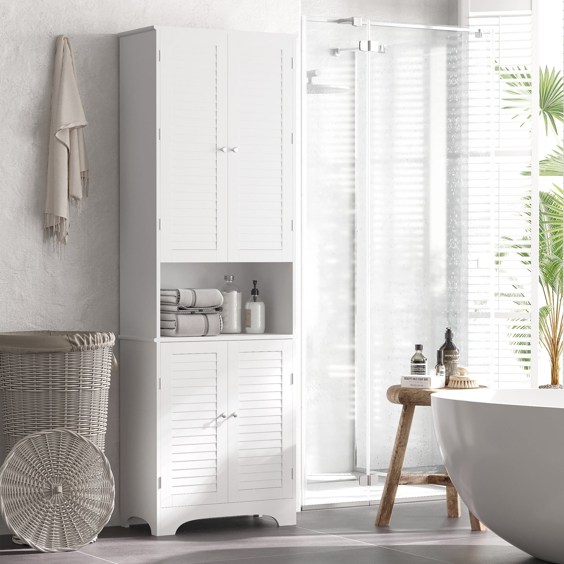 Tall Bathroom Storage Cabinet, Slim Bathroom Cabinet with 4 Shutter Doors and Adjustable Shelves, Toilet Vanity Cabinet, Narrow Organizer, White Bathroom Cabinets   at Gallery Canada