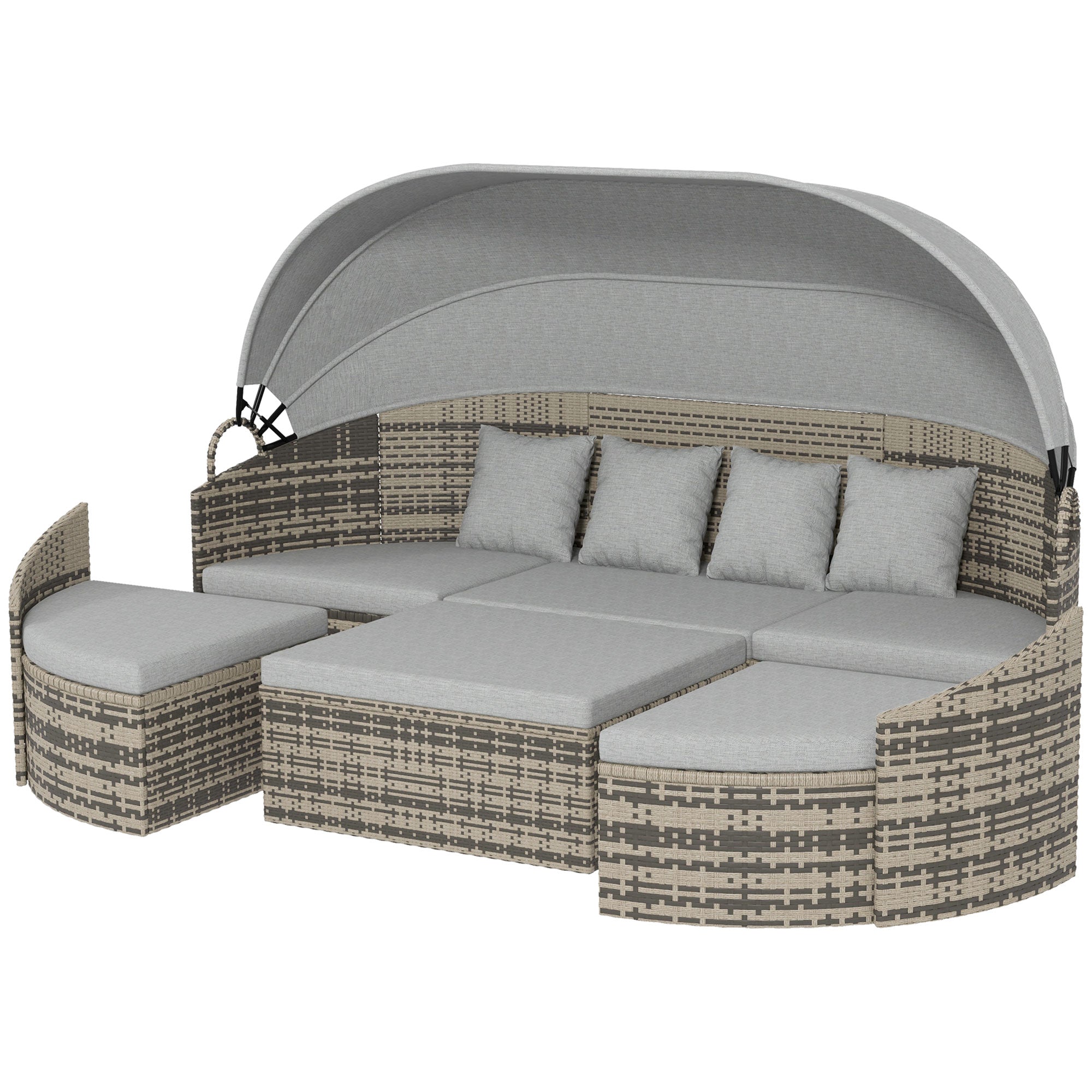 4 Pieces Patio PE Wicker Round Daybed, Outdoor Rattan Garden Lounge Furniture Sets, Light Grey Daybeds   at Gallery Canada