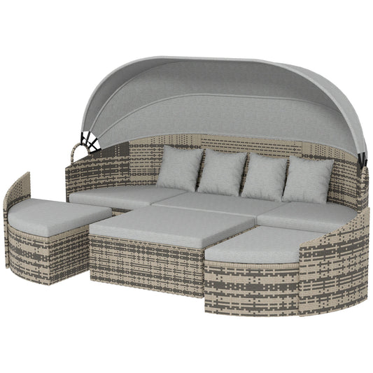 4 Pieces Patio PE Wicker Round Daybed, Outdoor Rattan Garden Lounge Furniture Sets, Light Grey Daybeds   at Gallery Canada