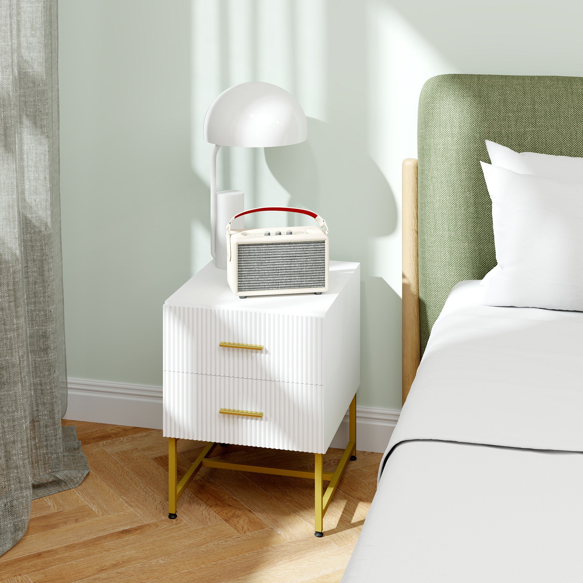2 Pieces Nightstands with Storage, Modern Bedside Tables with 2 Fluted Drawers and Gold Legs for Bedroom, White Bedside Tables at Gallery Canada