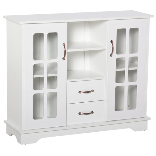 Modern Kitchen Sideboard with 2 Drawers, Coffee Bar Cabinet with Glass Doors Storage Cupboard and Open Shelf, White