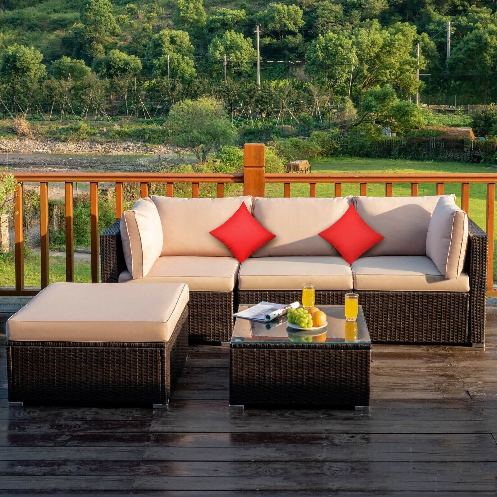 5 Pieces Outdoor Patio Rattan Furniture Set Sectional Conversation with Cushions, Beige Outdoor Sectionals   at Gallery Canada