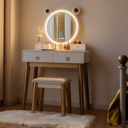 Vanity Set with 3-Color Lighted Touch Screen Dimming Mirror and 4 Drawers, White Makeup Vanities   at Gallery Canada