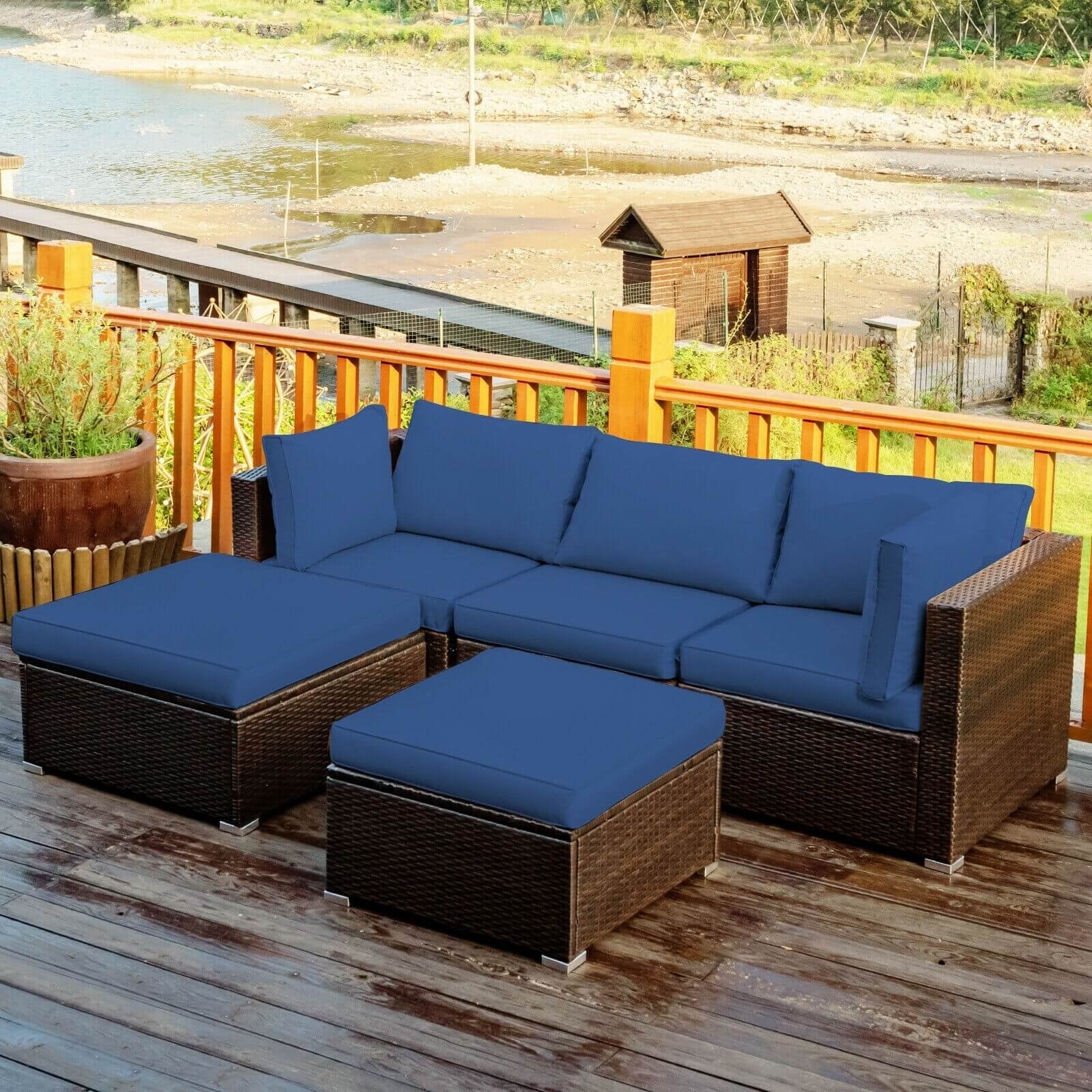 5 Pieces Patio Rattan Sofa Set with Cushion and Ottoman, Navy Outdoor Sectionals   at Gallery Canada