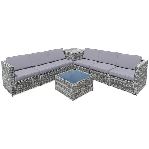 8 Pieces Wicker Sofa Rattan Dining Set Patio Furniture with Storage Table, Gray