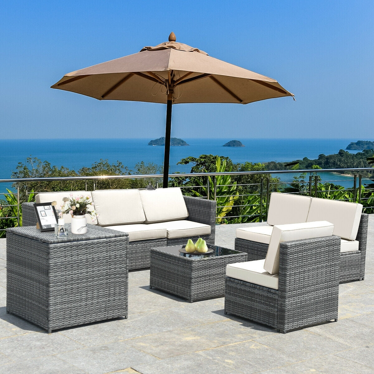 8 Piece Wicker Sofa Rattan Dinning Set Patio Furniture with Storage Table, White Outdoor Sectionals   at Gallery Canada