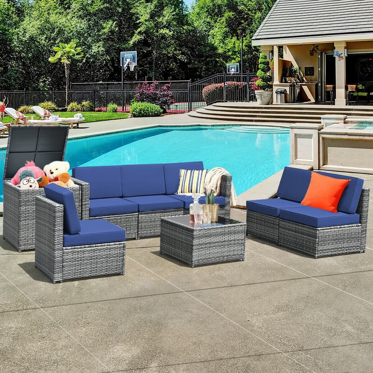 8 Piece Wicker Sofa Rattan Dinning Set Patio Furniture with Storage Table, Navy Outdoor Sectionals   at Gallery Canada