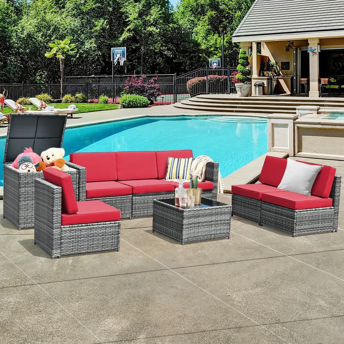 8 Piece Wicker Sofa Rattan Dinning Set Patio Furniture with Storage Table, Red Outdoor Sectionals   at Gallery Canada