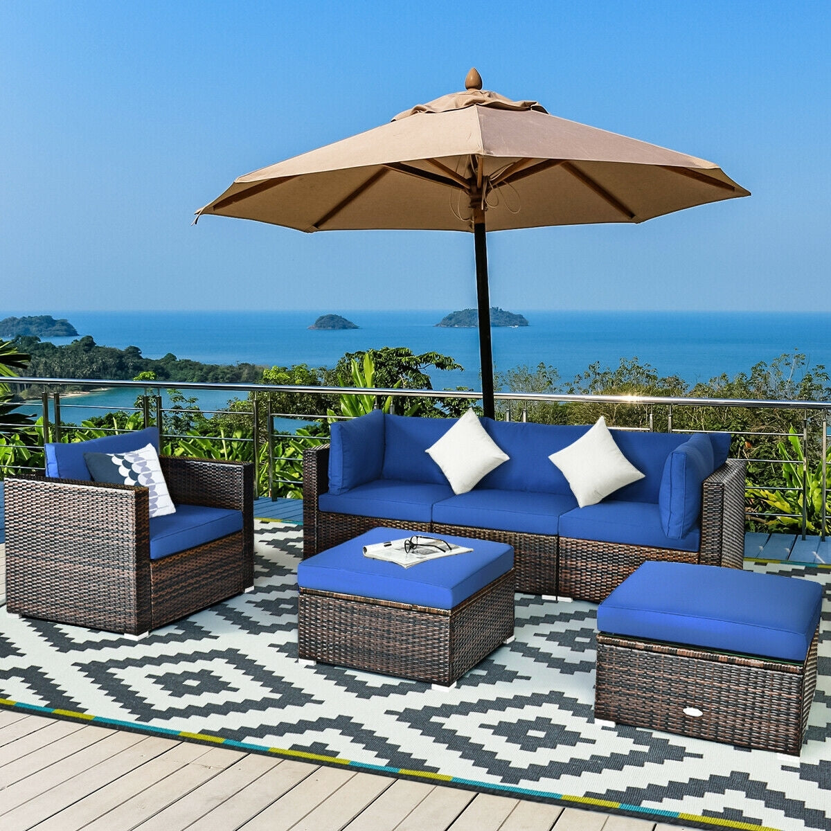 6 Pieces Patio Rattan Furniture Set with Sectional Cushion, Blue Outdoor Sectionals   at Gallery Canada