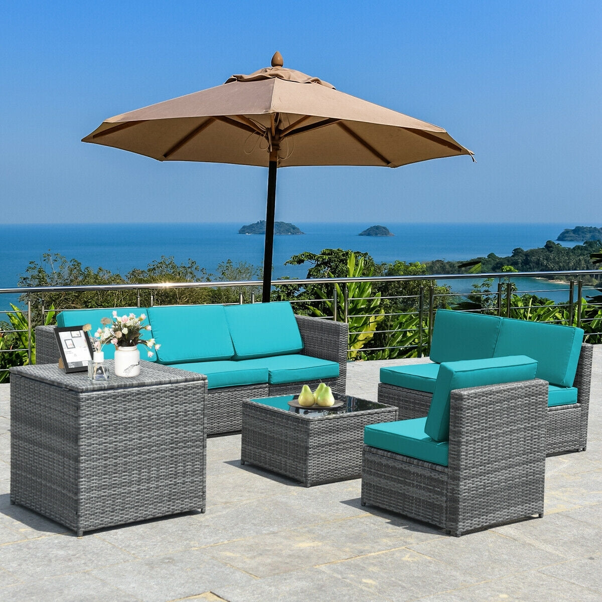 8 Piece Wicker Sofa Rattan Dinning Set Patio Furniture with Storage Table, Turquoise Outdoor Sectionals   at Gallery Canada