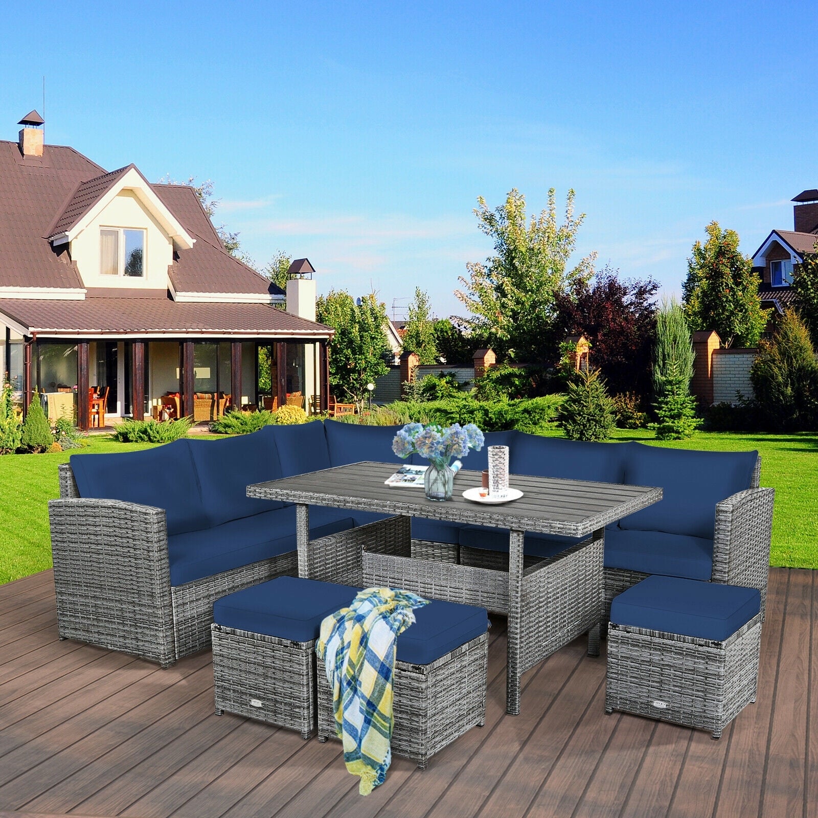 7 Pieces Patio Rattan Dining Furniture Sectional Sofa Set with Wicker Ottoman, Navy Outdoor Sectionals   at Gallery Canada