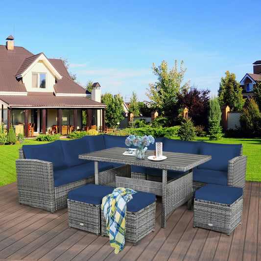 7 Pieces Patio Rattan Dining Furniture Sectional Sofa Set with Wicker Ottoman, Navy - Gallery Canada