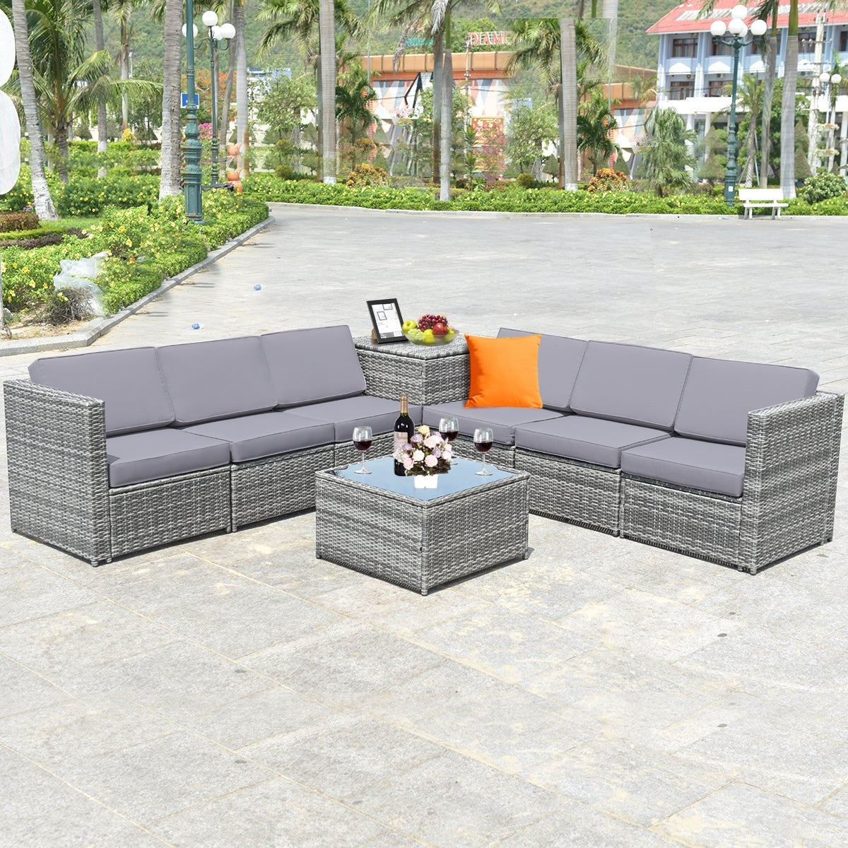 8 Pieces Wicker Sofa Rattan Dining Set Patio Furniture with Storage Table, Gray Outdoor Sectionals   at Gallery Canada