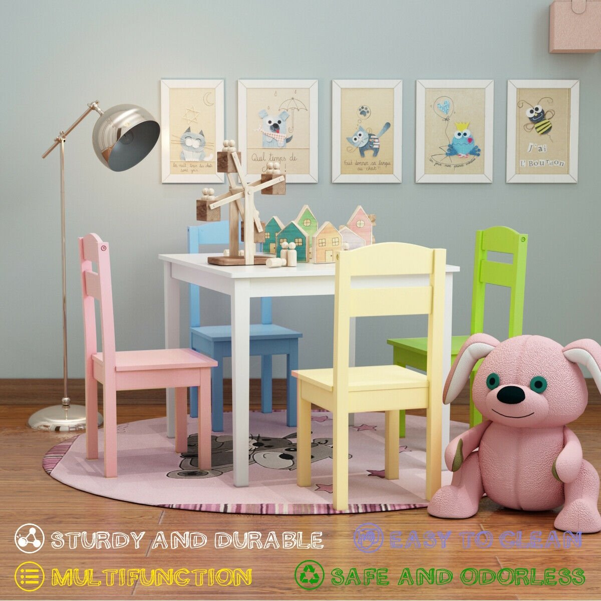 5 Pieces Kids Pine Wood Table Chair Set, Clear Kids Table & Chair Sets   at Gallery Canada