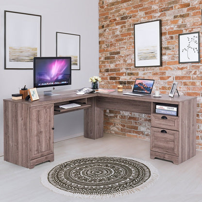 66 Inch L-Shaped Writing Study Workstation Computer Desk with Drawers, Brown L-Shaped Desks   at Gallery Canada