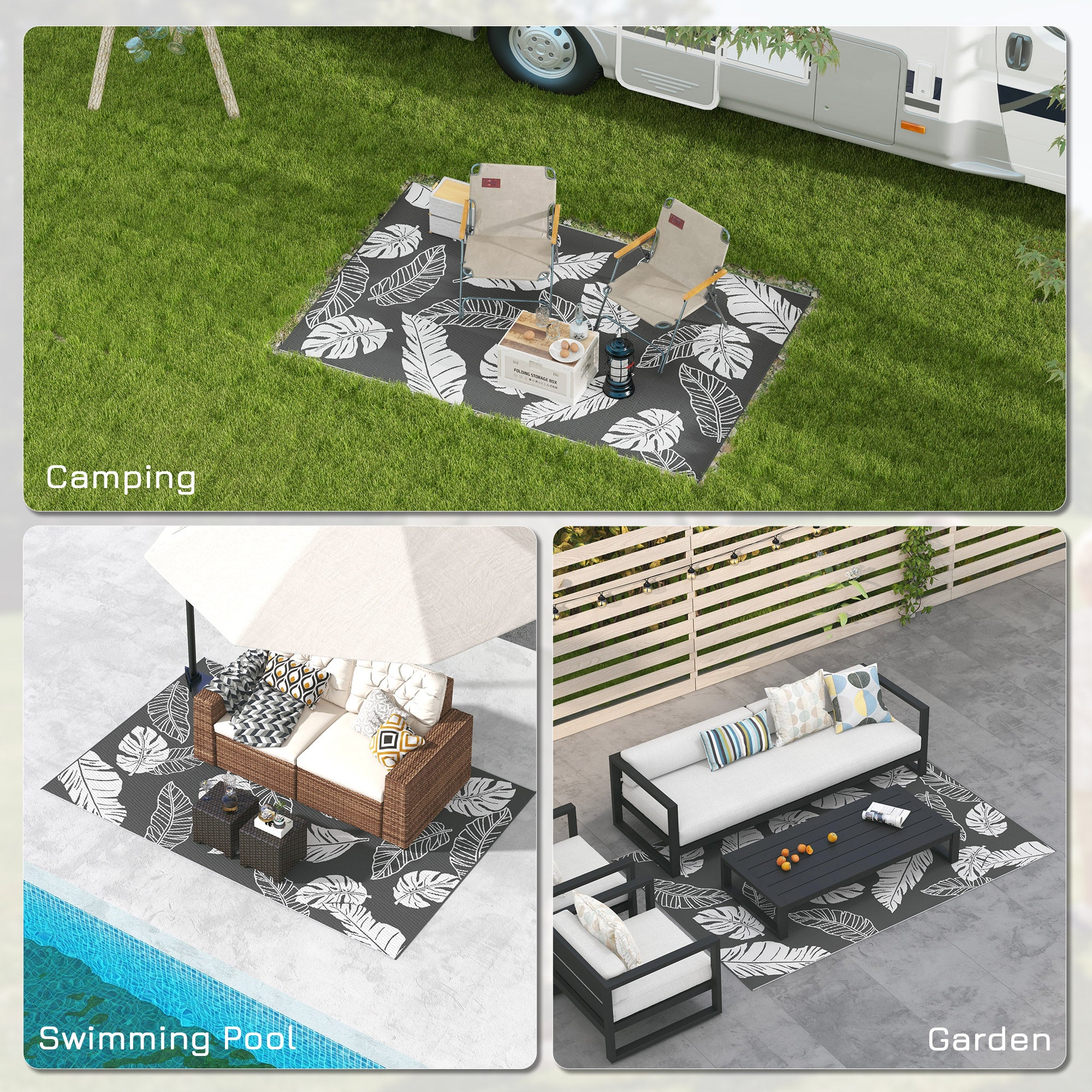 Reversible Outdoor RV Rug, Patio Floor Mat, 6' x 9' Plastic Rug for Backyard, Deck, Beach, Camping, Grey and White Garden Decor at Gallery Canada
