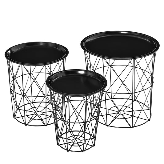 Set of 3 Nesting Coffee Tables with Storage, Round End Table with Removable Tray, Basket Side Tables with Metal Frame for Living Room, Black Side Tables Black  at Gallery Canada