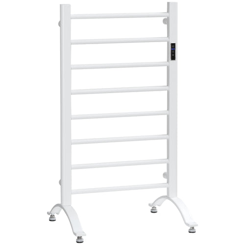 8-Bar Bathroom Heated Towel Rail with Built-in Timer and Led Indicators, Wall Mounted &; Free Standing Carbon Steel Electric Towel Warmer Towel Drying Rack, Plug-in, White