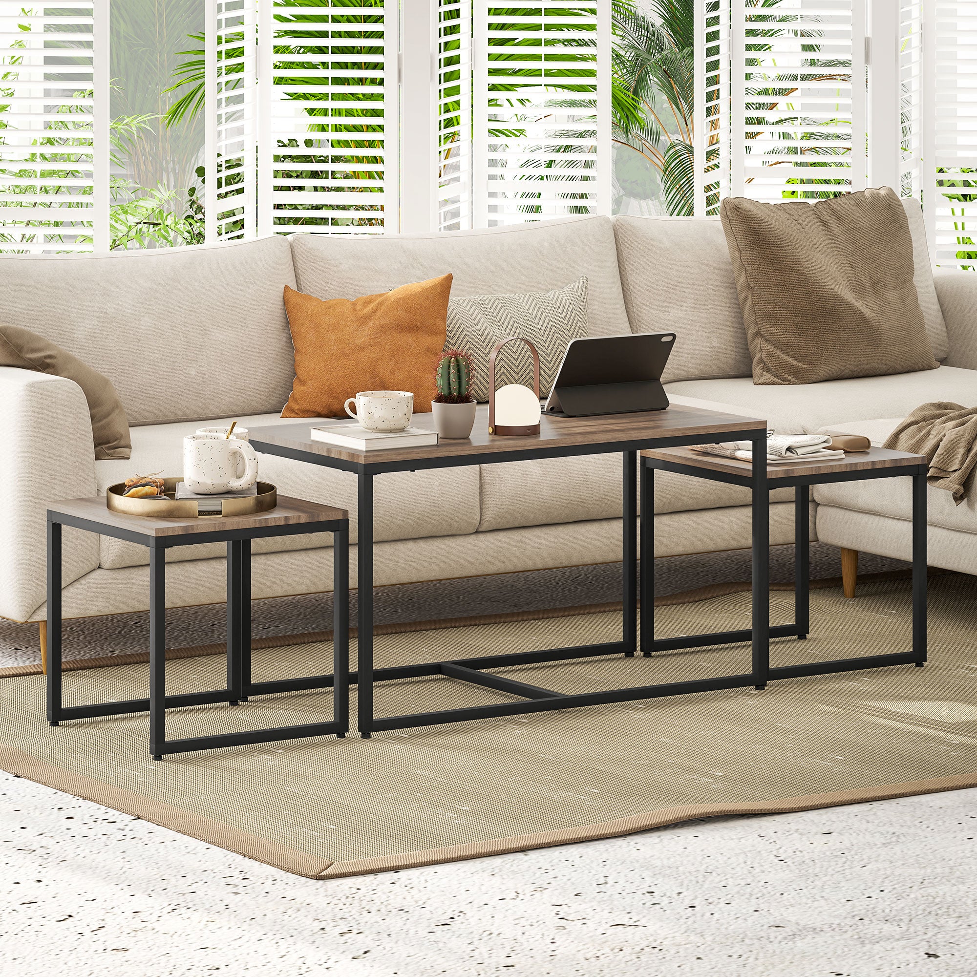 Nesting Coffee Table Set of 3, Modern End Tables with Black Metal Frame for Living Room Home Furniture, Brown Coffee Tables at Gallery Canada