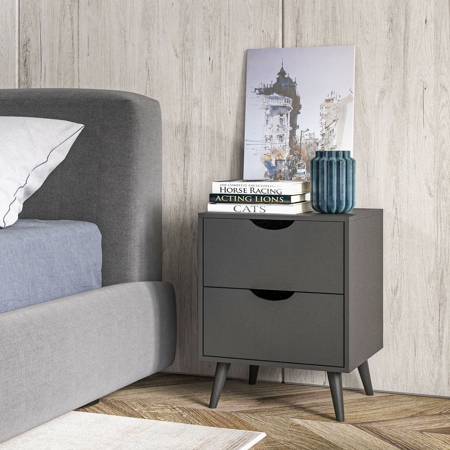 Modern Bedside Table, Nightstand with 2 Drawers and Pine Wood Legs for Bedroom, Living Room, Black Bedside Tables   at Gallery Canada